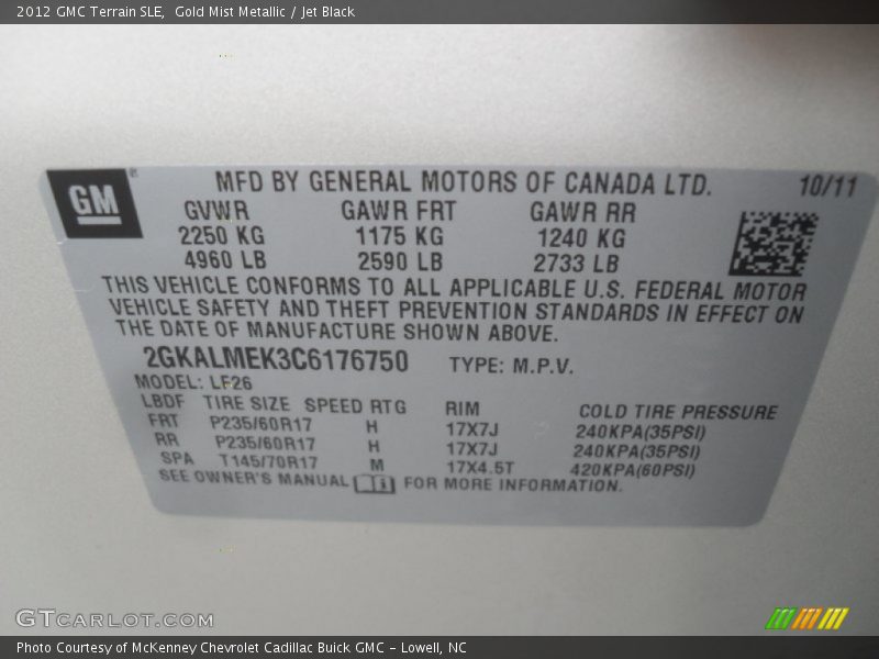 Gold Mist Metallic / Jet Black 2012 GMC Terrain SLE