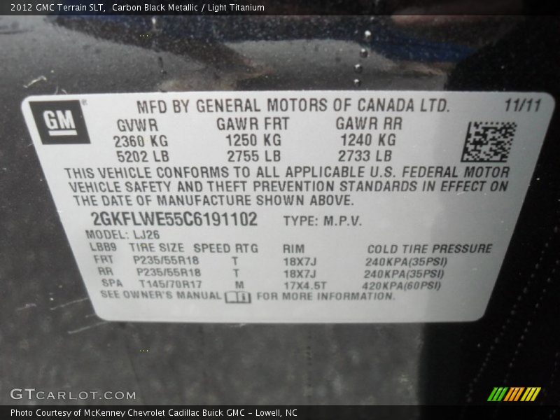 Carbon Black Metallic / Light Titanium 2012 GMC Terrain SLT