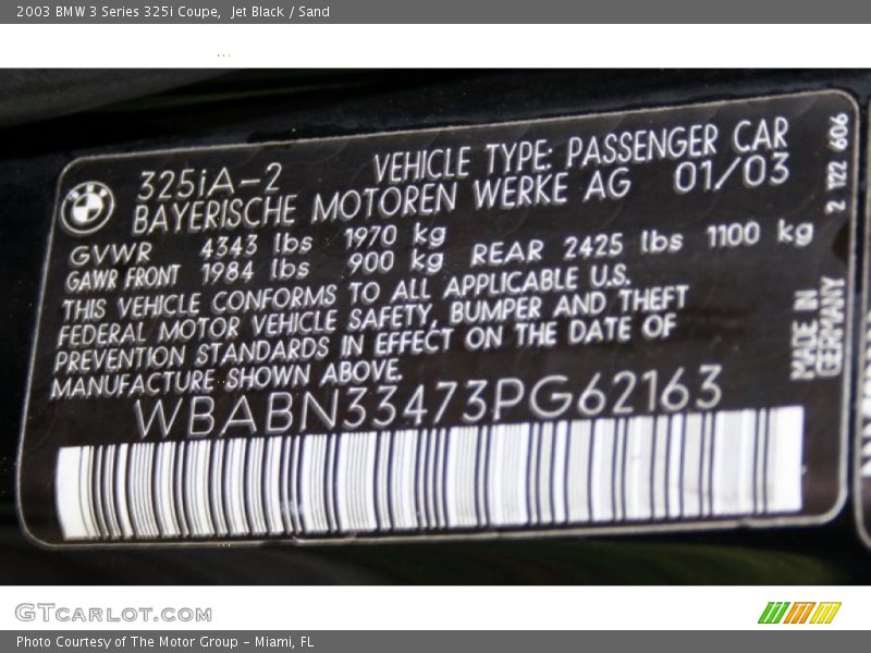 Info Tag of 2003 3 Series 325i Coupe