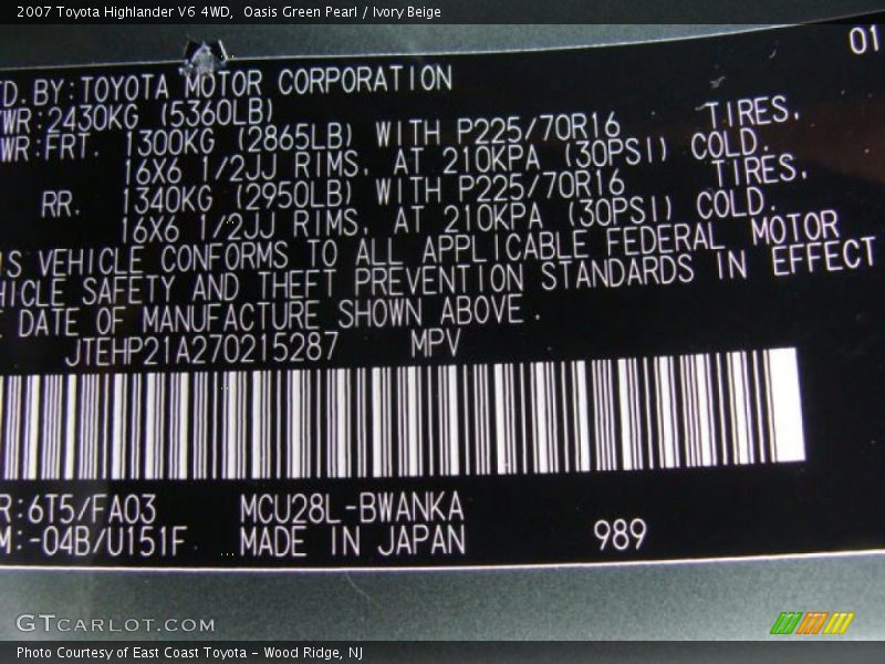 Oasis Green Pearl / Ivory Beige 2007 Toyota Highlander V6 4WD