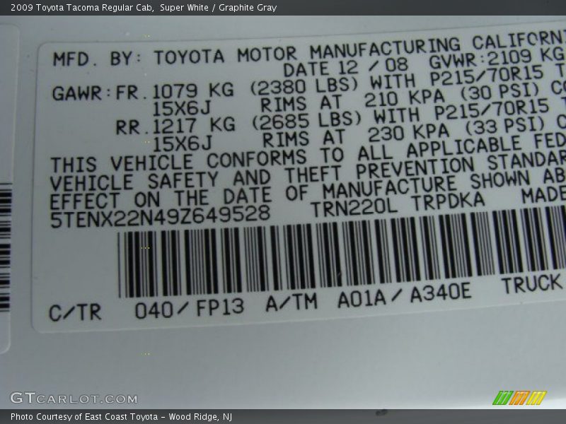 Super White / Graphite Gray 2009 Toyota Tacoma Regular Cab