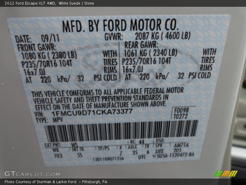 White Suede / Stone 2012 Ford Escape XLT 4WD