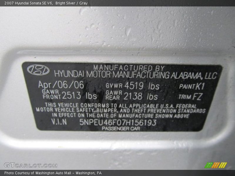 Bright Silver / Gray 2007 Hyundai Sonata SE V6