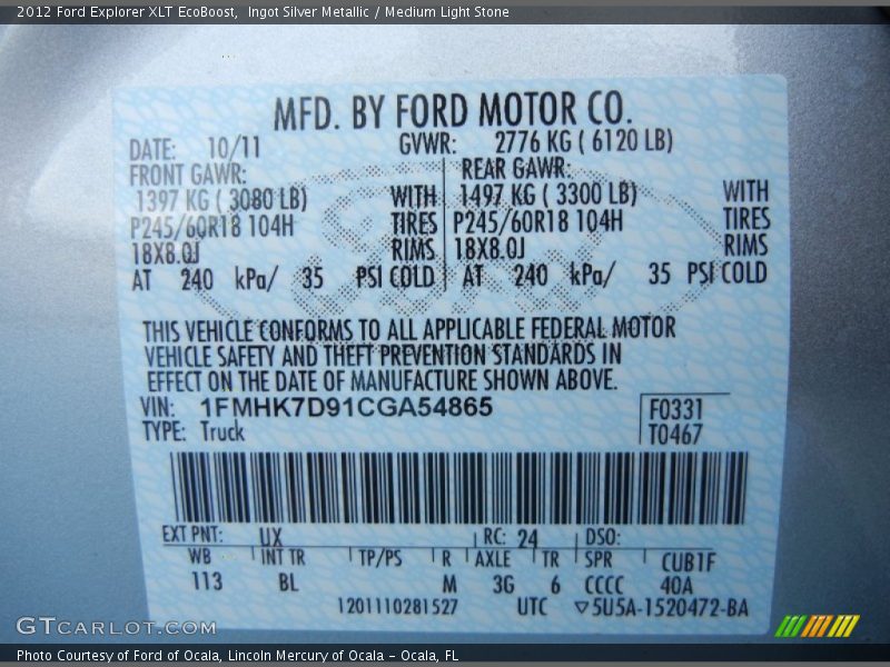 2012 Explorer XLT EcoBoost Ingot Silver Metallic Color Code UX