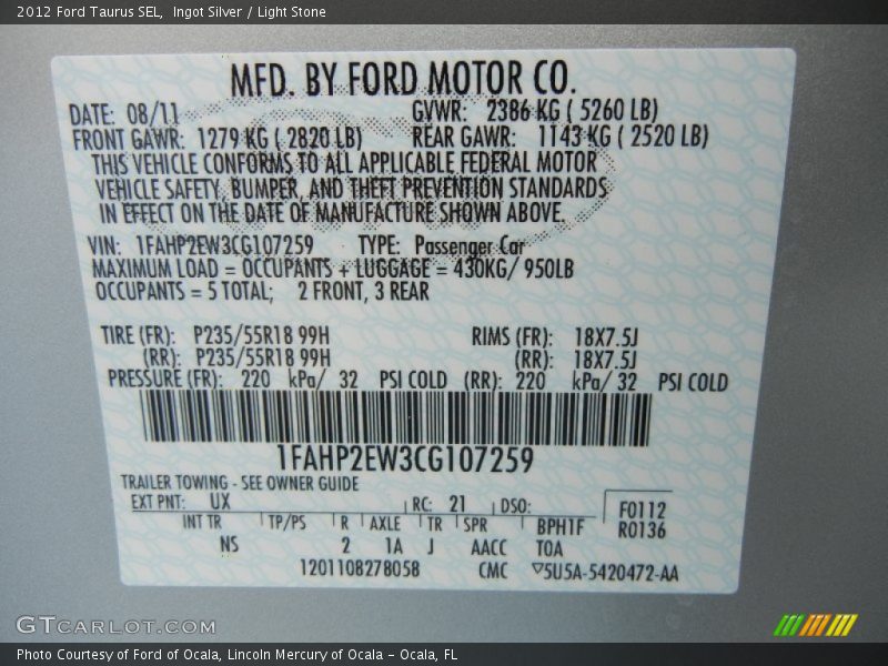 2012 Taurus SEL Ingot Silver Color Code UX