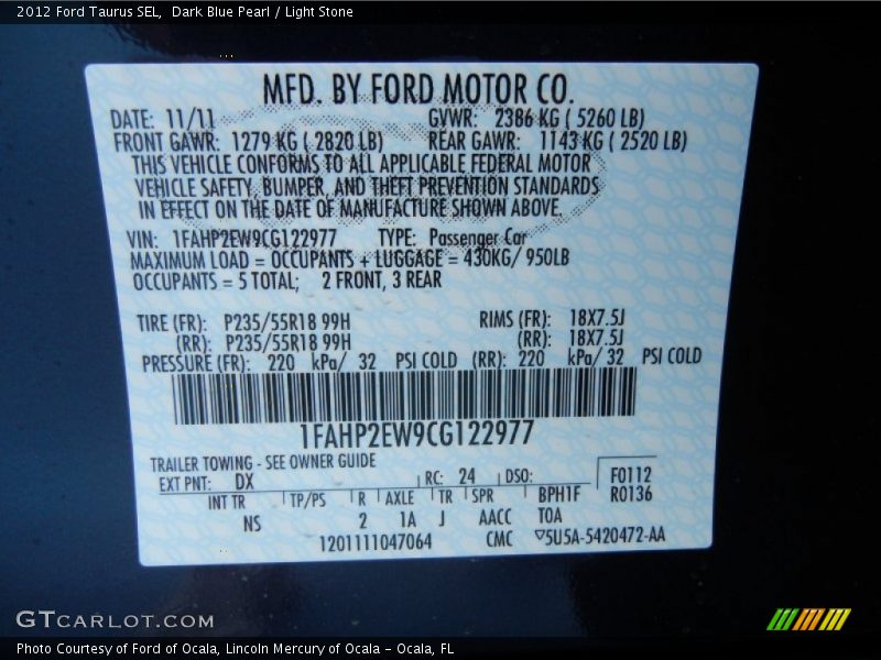 2012 Taurus SEL Dark Blue Pearl Color Code DX