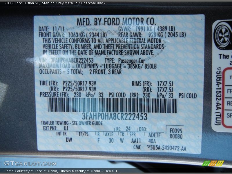 Sterling Grey Metallic / Charcoal Black 2012 Ford Fusion SE