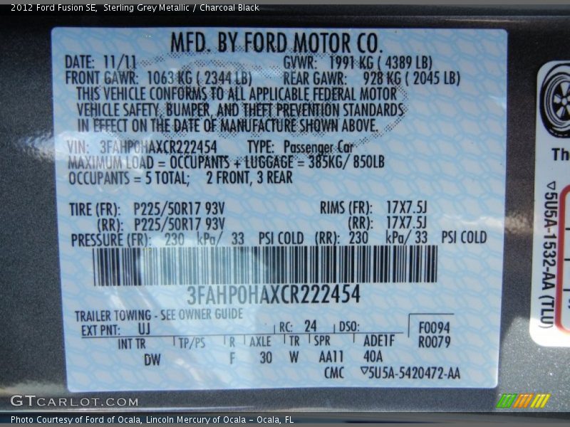 Sterling Grey Metallic / Charcoal Black 2012 Ford Fusion SE