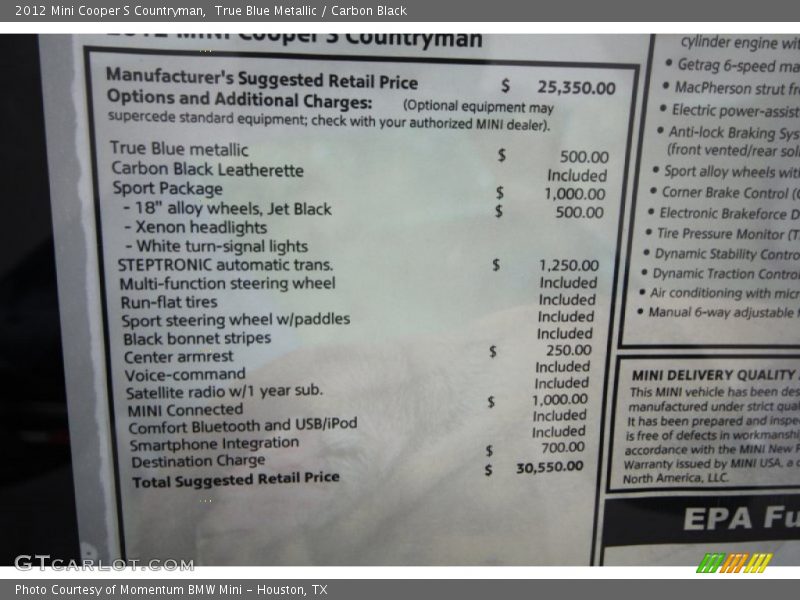 True Blue Metallic / Carbon Black 2012 Mini Cooper S Countryman