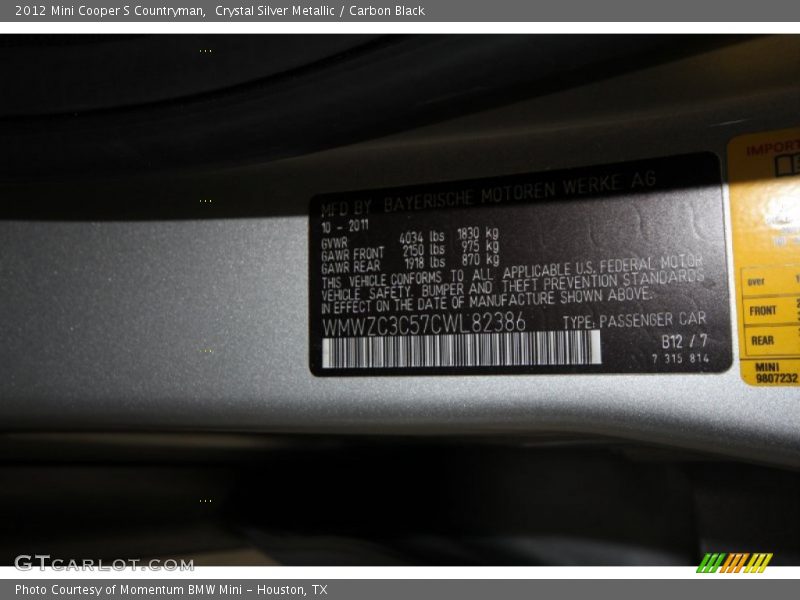 Crystal Silver Metallic / Carbon Black 2012 Mini Cooper S Countryman