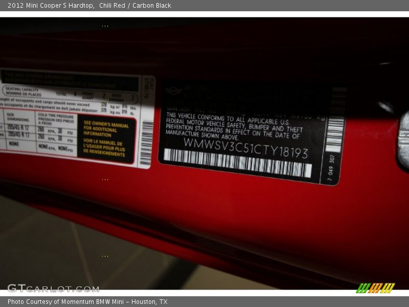 Chili Red / Carbon Black 2012 Mini Cooper S Hardtop