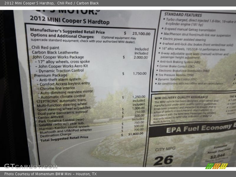  2012 Cooper S Hardtop Window Sticker