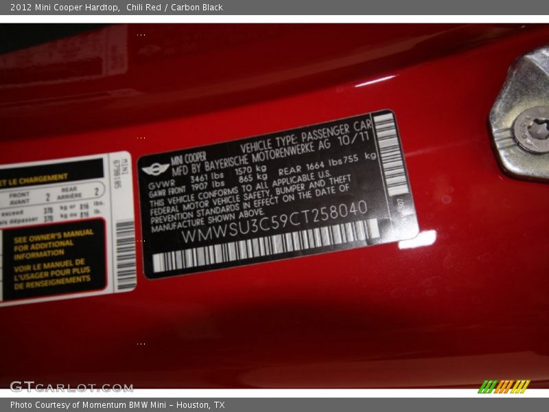 Chili Red / Carbon Black 2012 Mini Cooper Hardtop