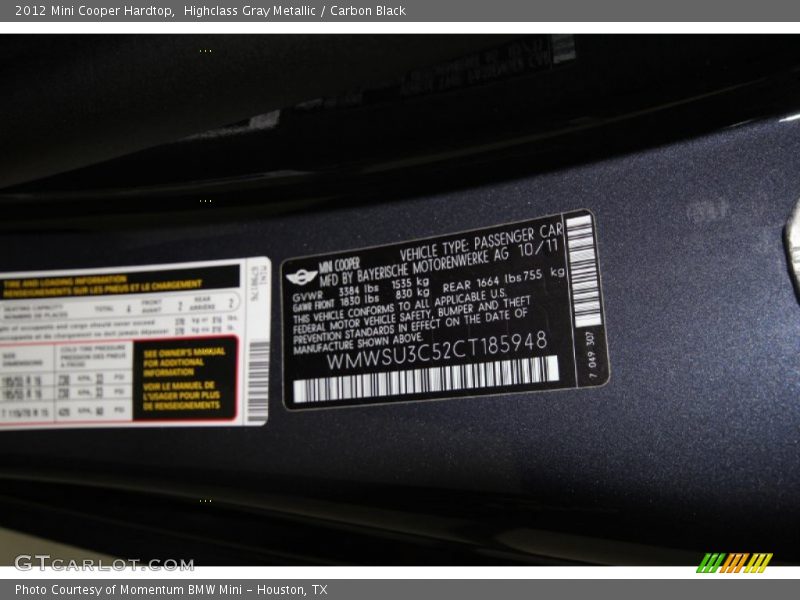 Highclass Gray Metallic / Carbon Black 2012 Mini Cooper Hardtop