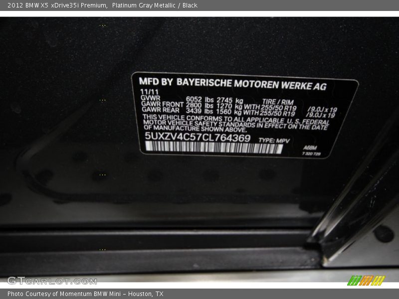 Platinum Gray Metallic / Black 2012 BMW X5 xDrive35i Premium