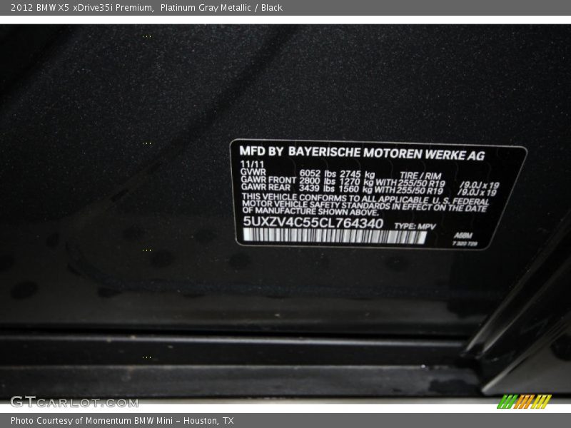 Platinum Gray Metallic / Black 2012 BMW X5 xDrive35i Premium