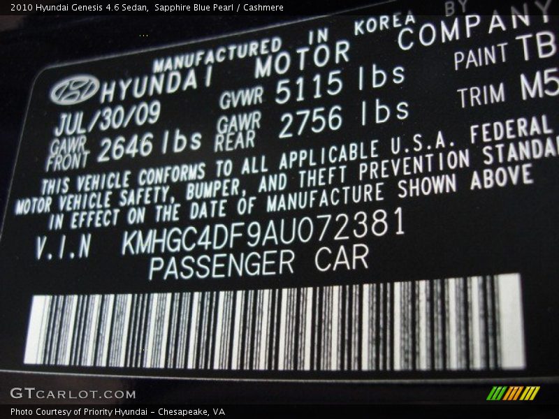 Sapphire Blue Pearl / Cashmere 2010 Hyundai Genesis 4.6 Sedan