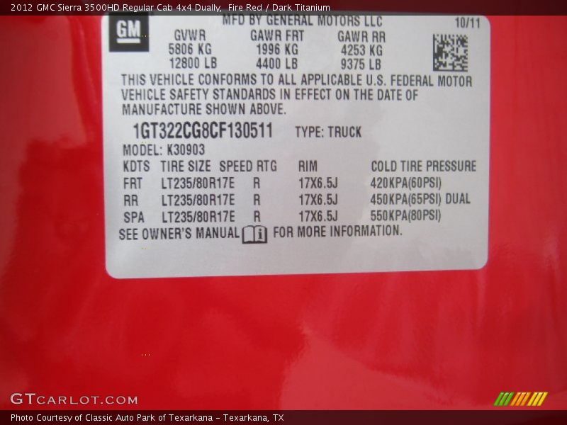 Fire Red / Dark Titanium 2012 GMC Sierra 3500HD Regular Cab 4x4 Dually