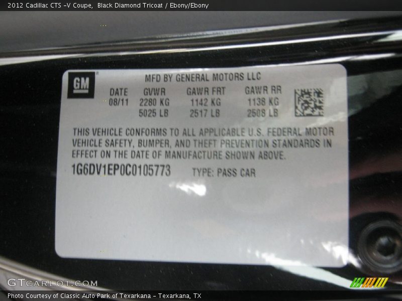 Black Diamond Tricoat / Ebony/Ebony 2012 Cadillac CTS -V Coupe