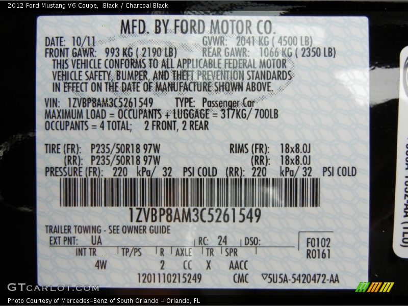 Black / Charcoal Black 2012 Ford Mustang V6 Coupe