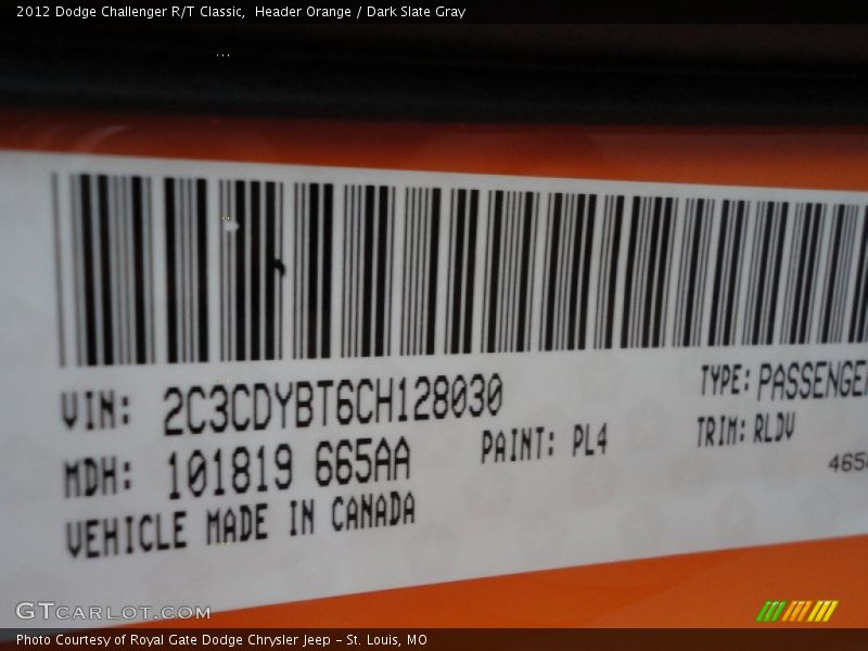 Header Orange / Dark Slate Gray 2012 Dodge Challenger R/T Classic