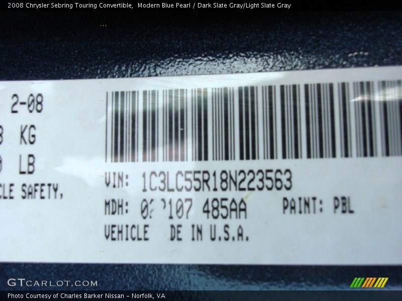 2008 Sebring Touring Convertible Modern Blue Pearl Color Code PBL