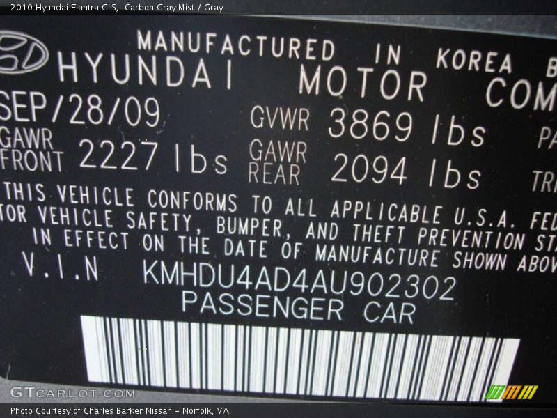 Carbon Gray Mist / Gray 2010 Hyundai Elantra GLS