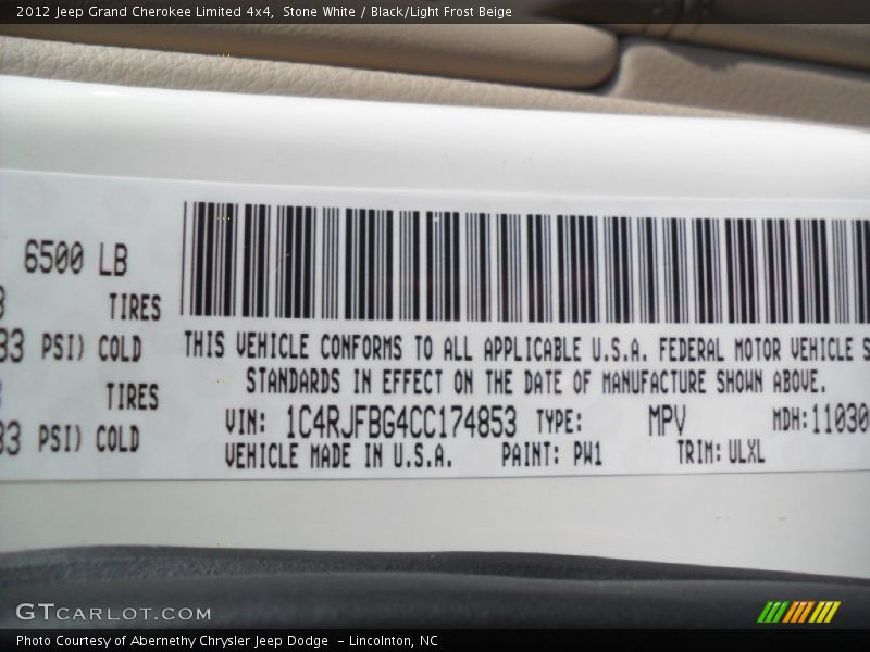 Stone White / Black/Light Frost Beige 2012 Jeep Grand Cherokee Limited 4x4