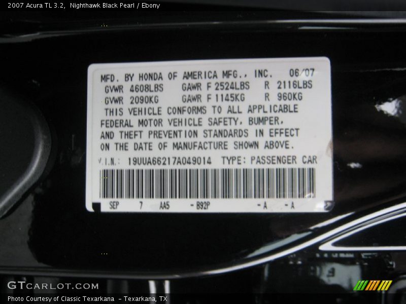 Nighthawk Black Pearl / Ebony 2007 Acura TL 3.2