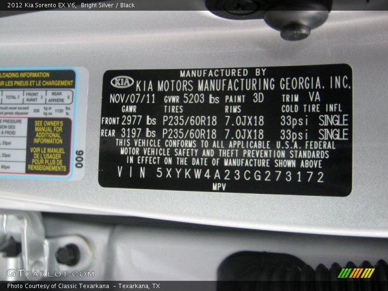 Bright Silver / Black 2012 Kia Sorento EX V6