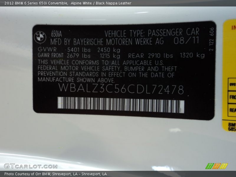 Alpine White / Black Nappa Leather 2012 BMW 6 Series 650i Convertible