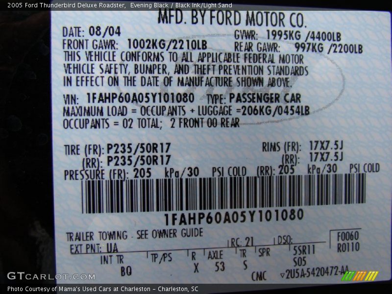 2005 Thunderbird Deluxe Roadster Evening Black Color Code UA