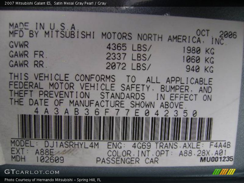 Satin Mesai Gray Pearl / Gray 2007 Mitsubishi Galant ES