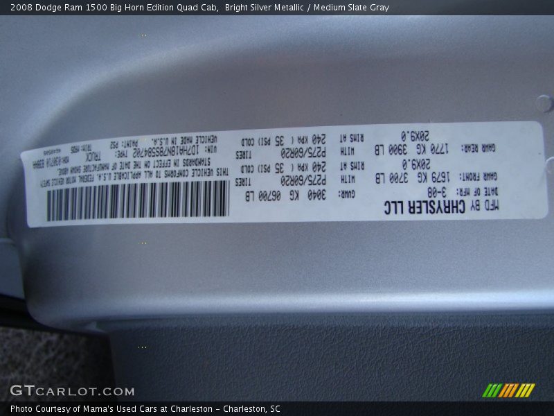 Bright Silver Metallic / Medium Slate Gray 2008 Dodge Ram 1500 Big Horn Edition Quad Cab