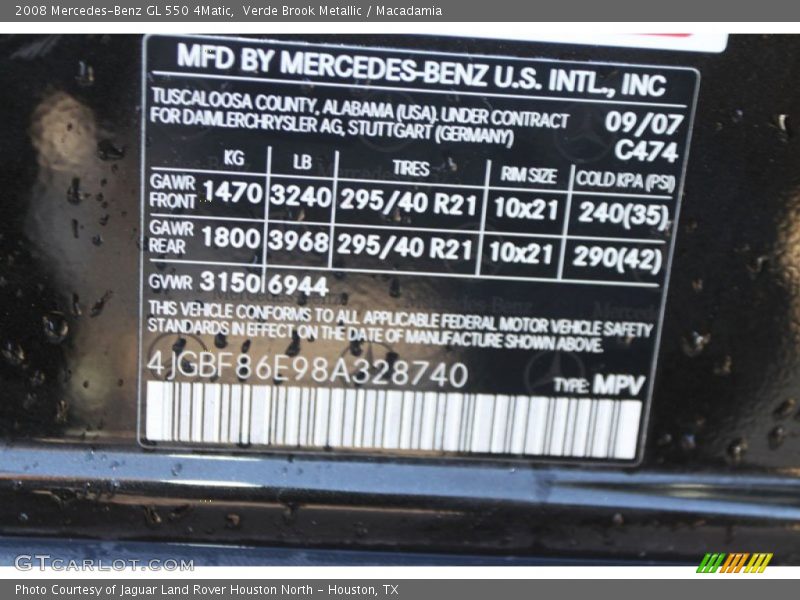 2008 GL 550 4Matic Verde Brook Metallic Color Code 474