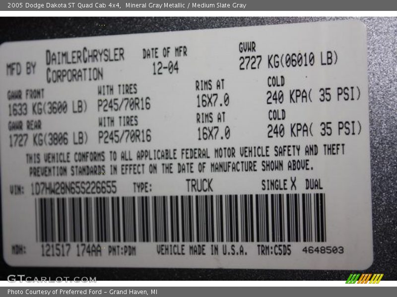 2005 Dakota ST Quad Cab 4x4 Mineral Gray Metallic Color Code PDM