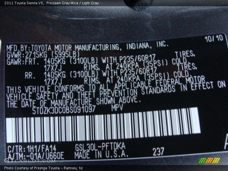 Predawn Gray Mica / Light Gray 2011 Toyota Sienna V6