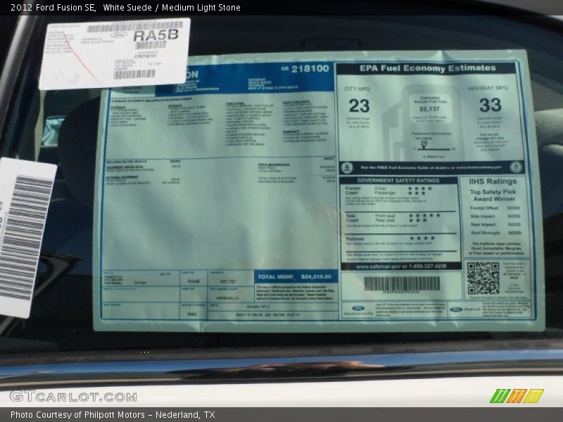 White Suede / Medium Light Stone 2012 Ford Fusion SE