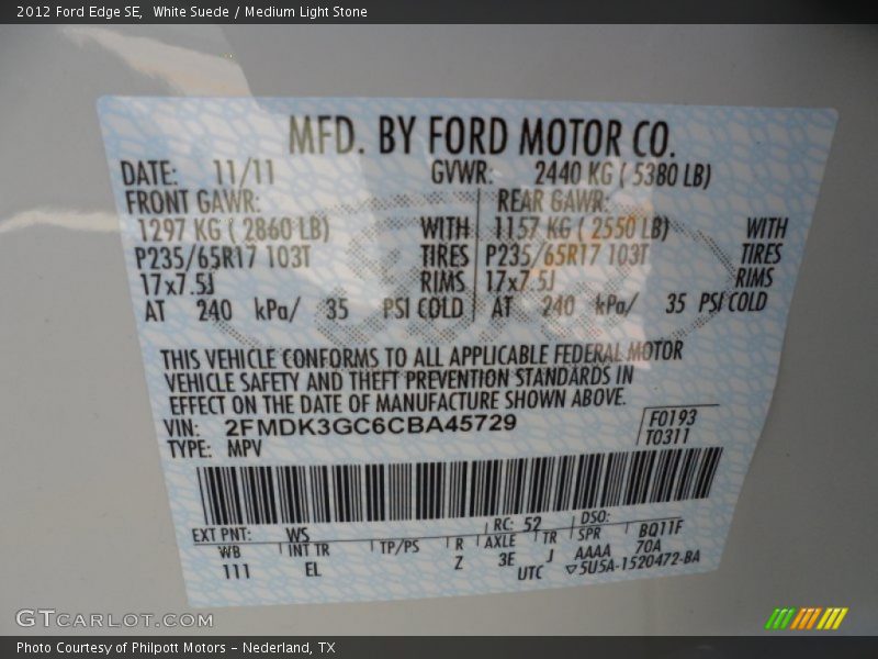 2012 Edge SE White Suede Color Code WS