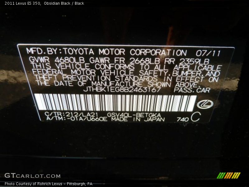 Obsidian Black / Black 2011 Lexus ES 350