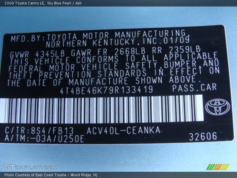 Sky Blue Pearl / Ash 2009 Toyota Camry LE