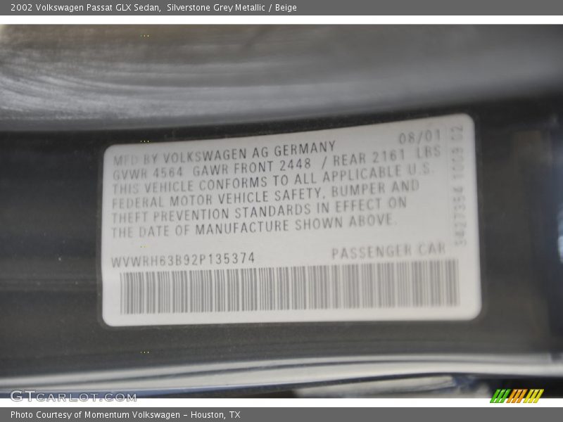 Silverstone Grey Metallic / Beige 2002 Volkswagen Passat GLX Sedan