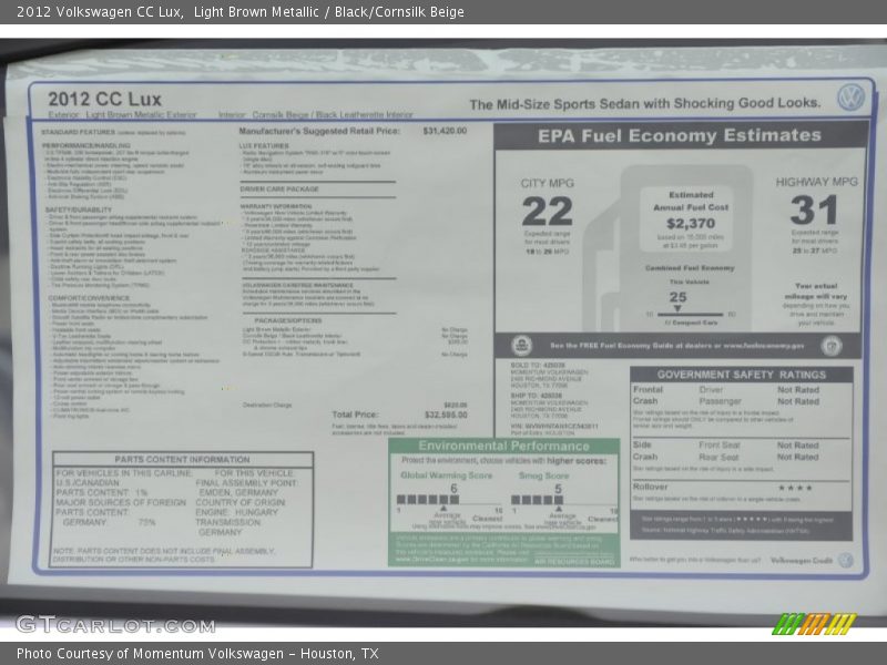 Light Brown Metallic / Black/Cornsilk Beige 2012 Volkswagen CC Lux