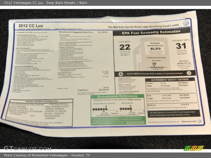 Deep Black Metallic / Black 2012 Volkswagen CC Lux