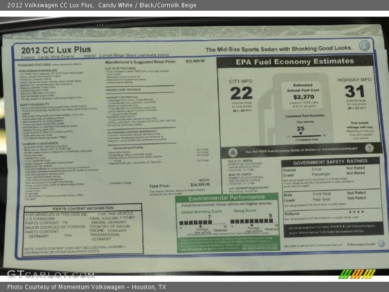  2012 CC Lux Plus Window Sticker