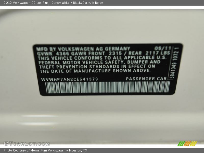 Candy White / Black/Cornsilk Beige 2012 Volkswagen CC Lux Plus