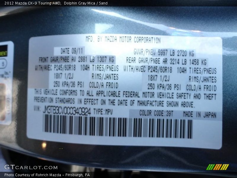 2012 CX-9 Touring AWD Dolphin Gray Mica Color Code 39T
