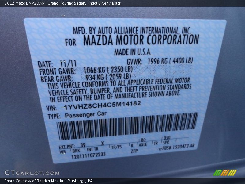 Ingot Silver / Black 2012 Mazda MAZDA6 i Grand Touring Sedan