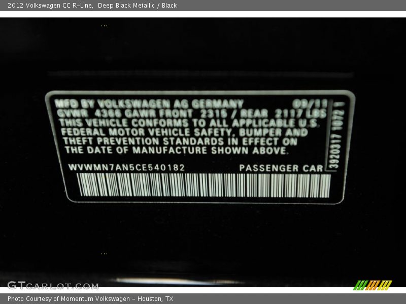 Deep Black Metallic / Black 2012 Volkswagen CC R-Line