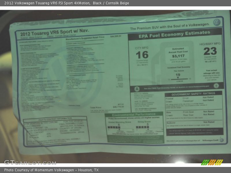  2012 Touareg VR6 FSI Sport 4XMotion Window Sticker